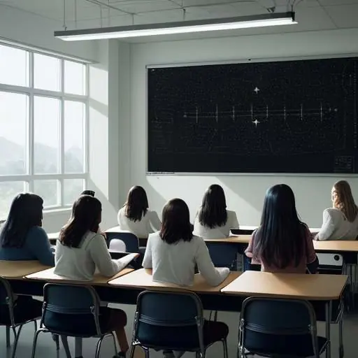 Students huddled around a table with star charts and tablets in a modern classroom, pointing at complex physics equations on a whiteboard.