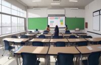 A diverse group of students using tablets and laptops in a modern, sunlit Indian classroom while a smiling teacher interacts with them near an interactive whiteboard.