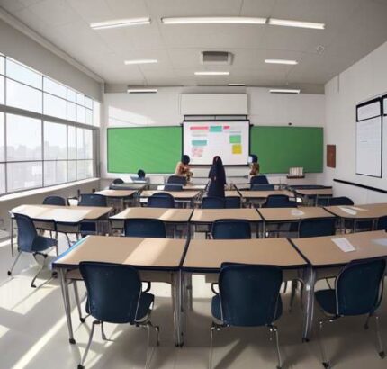 A diverse group of students using tablets and laptops in a modern, sunlit Indian classroom while a smiling teacher interacts with them near an interactive whiteboard.