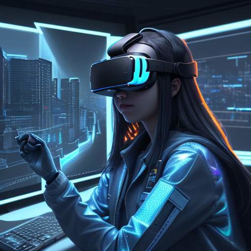 A teenager wearing a sleek VR headset in a high-tech lab, interacting with a glowing holographic city logistics system amidst dramatic blue and orange lighting.