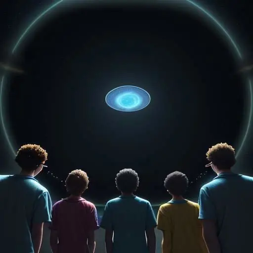 A group of diverse teenagers looking in awe at a glowing, holographic 3D model of the solar system in a dark room, illuminated by blue and gold light.