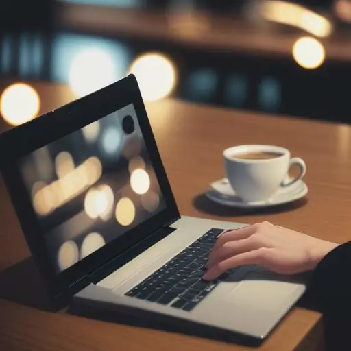 A close-up of hands typing on a laptop in a cafe, with a clear paragraph of text displayed on the screen.