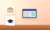 Illustration with a laptop, a classical building and a graduation cap