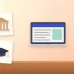 Illustration with a laptop, a classical building and a graduation cap