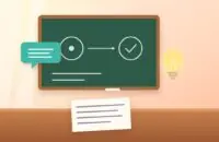 Chalkboard with a simple explanation diagram, a speech bubble, a light bulb and a note card