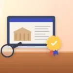 Laptop showing a university website, an accreditation seal with a check mark and a magnifying glass