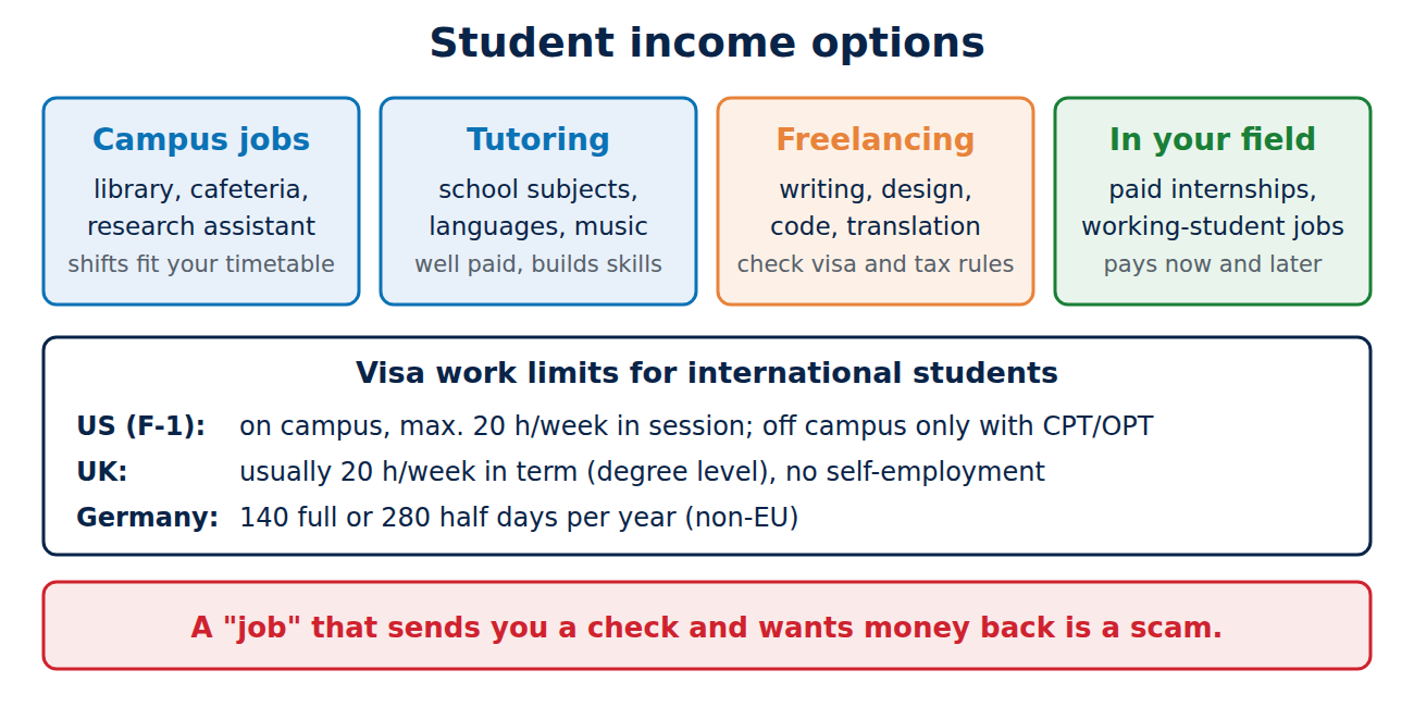 Four student income options (campus jobs, tutoring, freelancing, jobs in your field), visa work limits for the US, UK and Germany, and a warning about check scams.