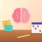 Brain with flashcards and a spaced-repetition calendar on a study desk