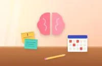Brain with flashcards and a spaced-repetition calendar on a study desk