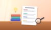 Research paper outline with colored sections next to a stack of books, a light bulb and a magnifying glass
