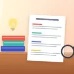 Research paper outline with colored sections next to a stack of books, a light bulb and a magnifying glass