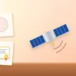 Illustration with a satellite, a globe and a certificate