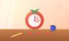 Tomato-shaped timer showing a 25-minute focus block, a row of work and break blocks, a pencil and a mug