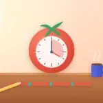 Tomato-shaped timer showing a 25-minute focus block, a row of work and break blocks, a pencil and a mug