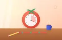 Tomato-shaped timer showing a 25-minute focus block, a row of work and break blocks, a pencil and a mug