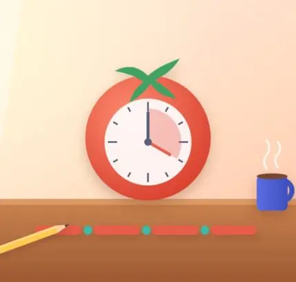 Tomato-shaped timer showing a 25-minute focus block, a row of work and break blocks, a pencil and a mug