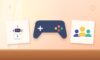 Illustration with a game controller, an AI robot and a group of people