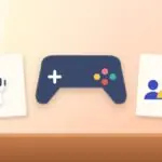 Illustration with a game controller, an AI robot and a group of people
